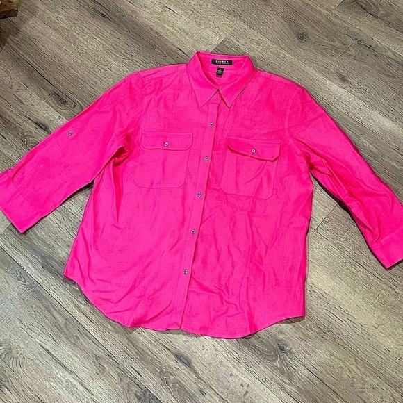 Women’s XL 100% Linen Pink Button Front Beach Vacation Lightweight Classic Shirt - Picture 1 of 9